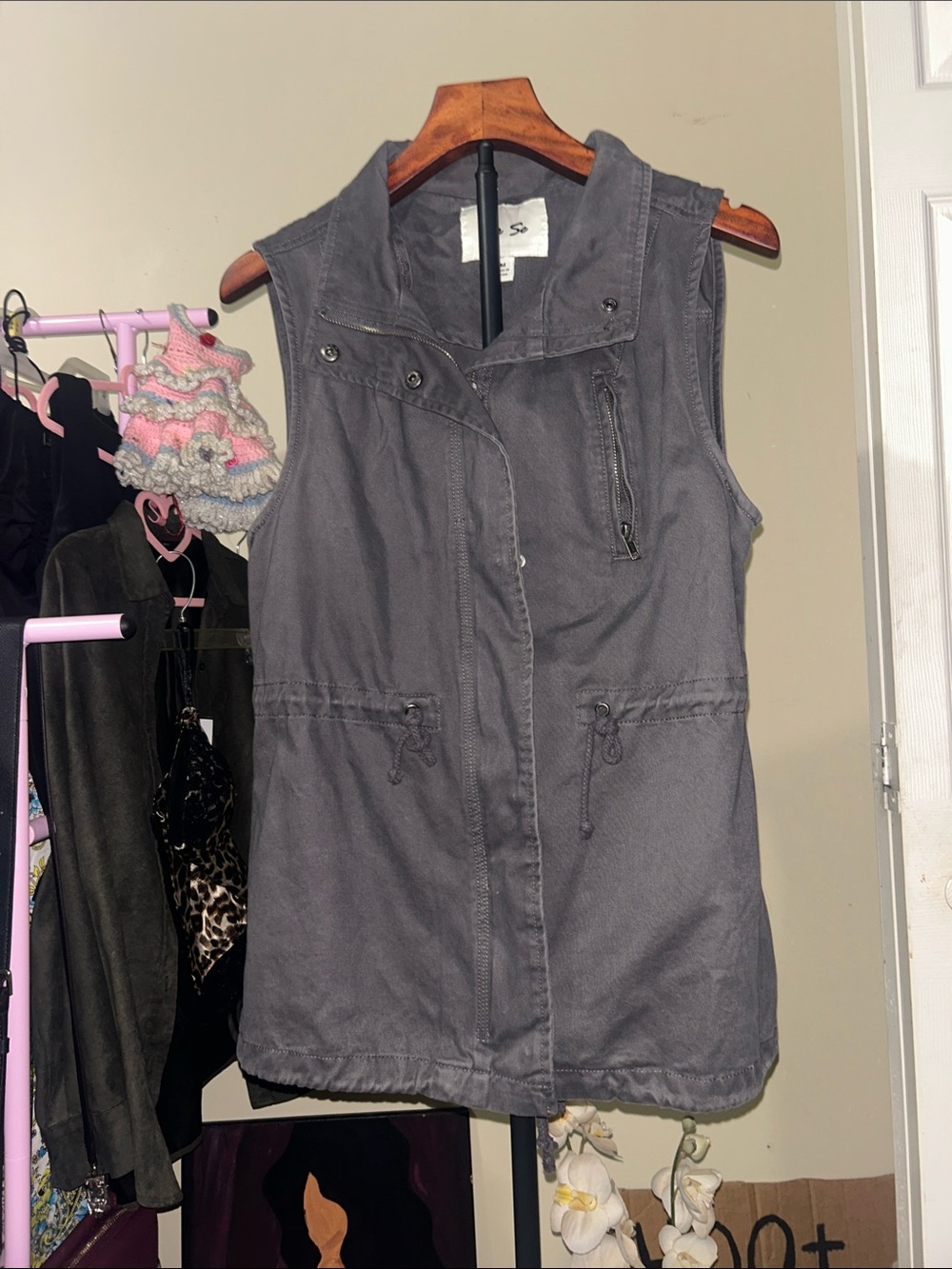 100% Cotton Charcoal Utility Vest Y2K Grunge Moto Military Cargo Gorpcore Street